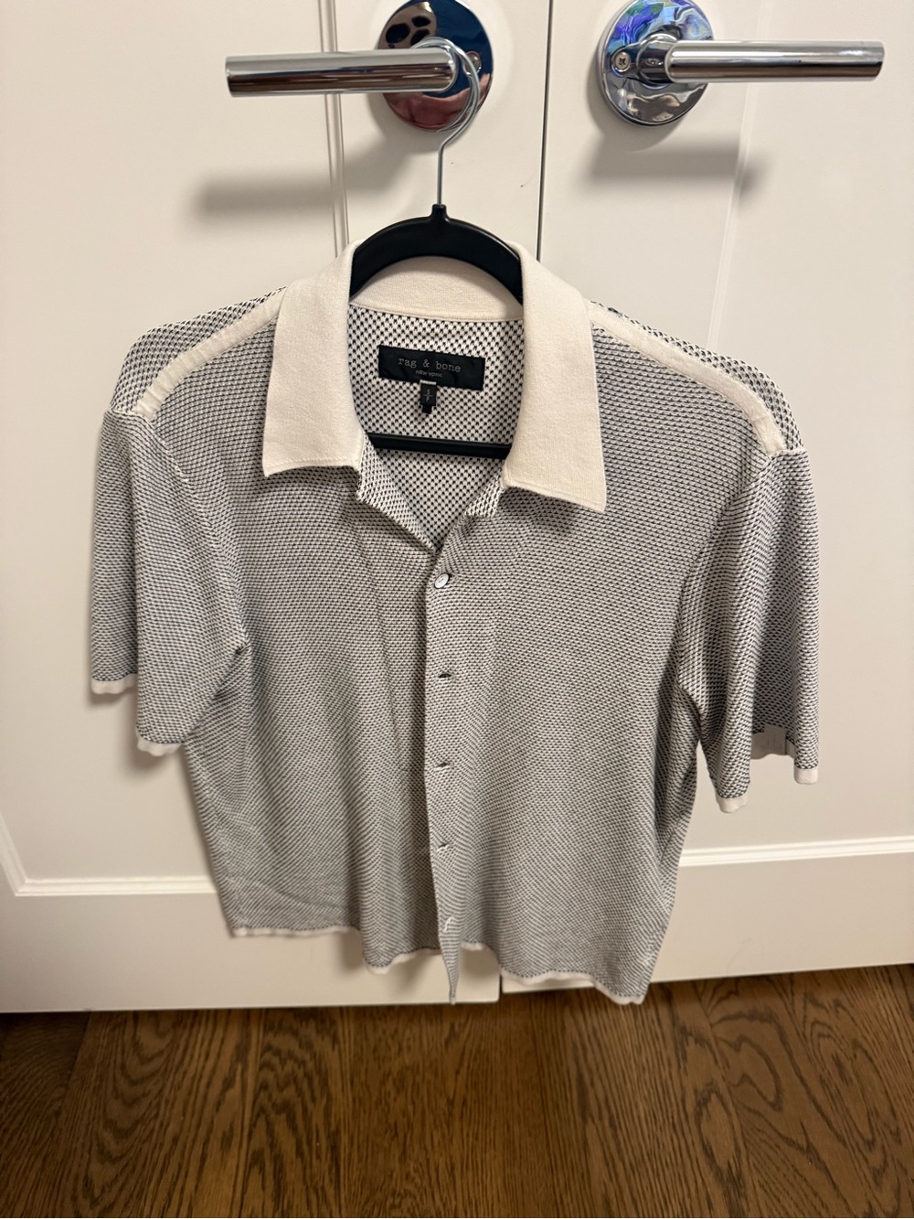 rag & bone Short Sleeve Knit Polo in White and Black Micro-Pattern
